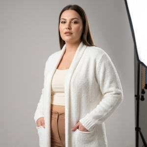 Damen Lange Unifarbene Strickjacke